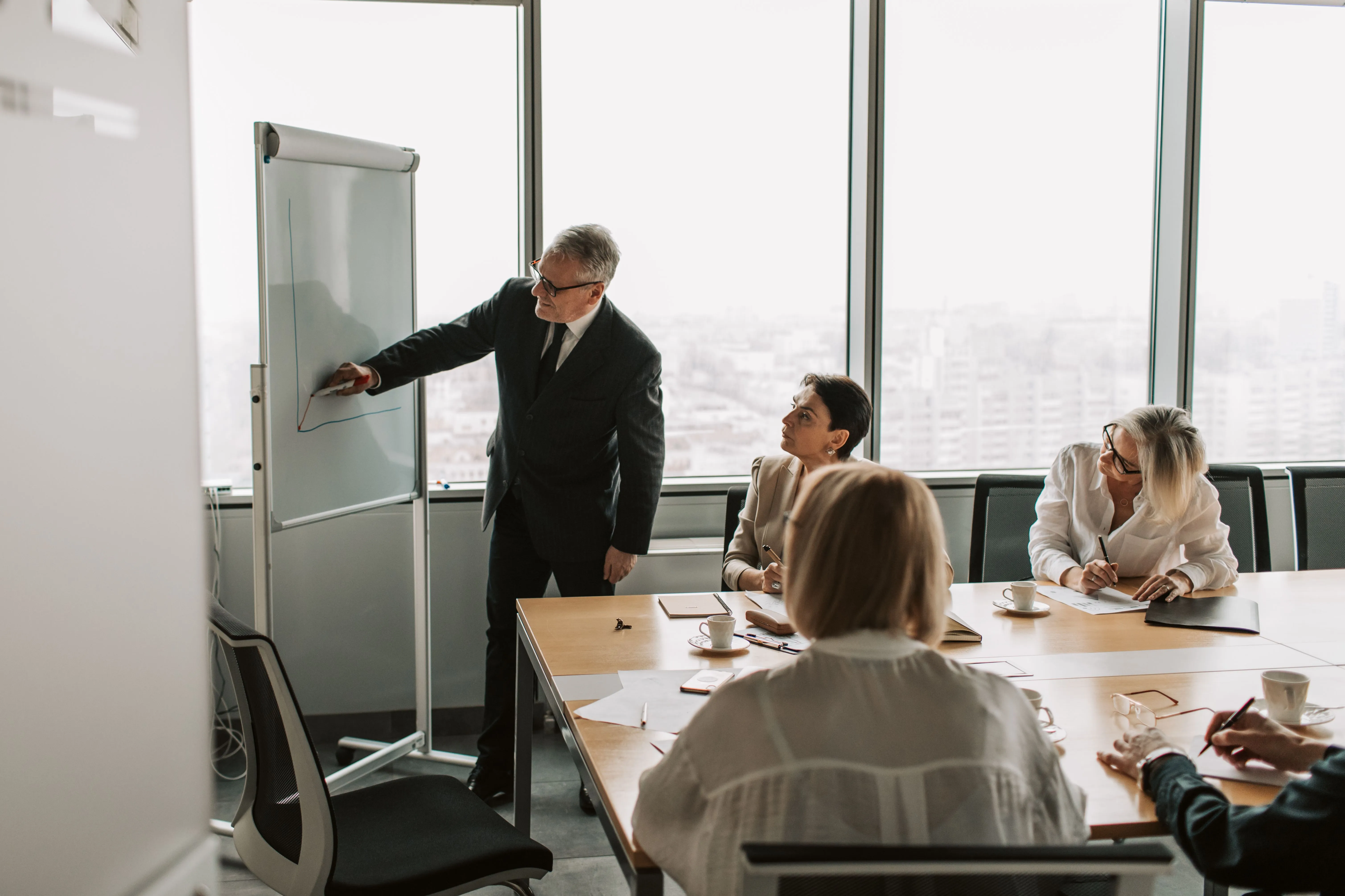 An executive presenting at a flip chart to colleagues in a boardroom